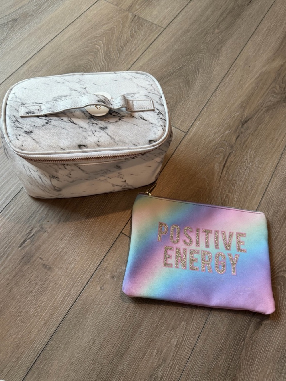Marble Print Cosmetic Case & Iridescent 'Positive Energy' Pouch Set